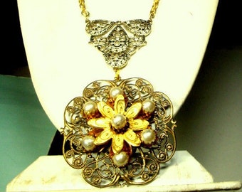 Pearl & Gold Filigree Pendant On Rhinestone Fob Chain Necklace, Recycled Mixed Metals and Rhinestones, OOAK Rachelle Starr