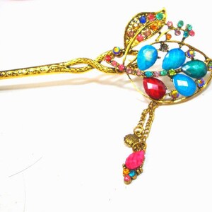 GLAM Hair Stick, Geisha Style w Multicolor Rhinestone Leaves & Chain Fob Dangles, Very Colorful Fancy Glittery Hair Jewelry