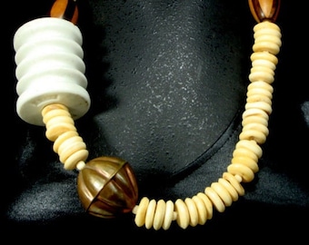 Mens Tribal Necklace: Ox Bone, Ceramic, Brass & Wood WARRIOR Beads, OOAK by R Starr