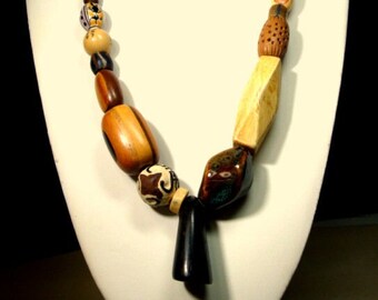 Mans Asymmetrical Wood & Oxbone Bead Necklace, Warrior Shaman Original Tribal  Design by Rachelle Starr, Horn, Also Vintage Trade Beads