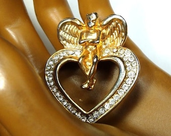 Vintage White Crystal Rhinestone Heart Pin, with an Angel Seated  on Top of the Brooch, 1980s, Gold & Silvertone Metal, Unused Cutie