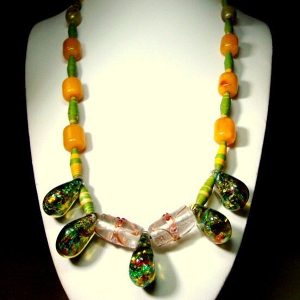 Venetian Glass Briolette Bib Necklace w Green Yellow Paper Tubes &  Orange Resin Beads, Shaman SummerWarrior, OOak  Rachelle Starr Blaxberg