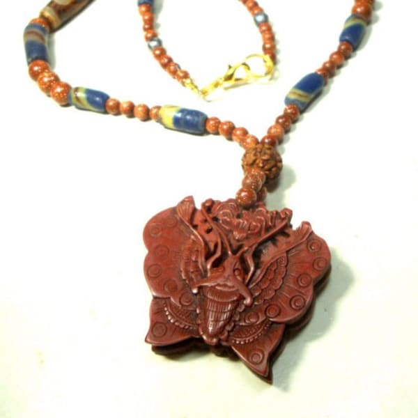 Rust Red Cinnabar Carved Butterfly Pendant on Vintage African Trade Beads, Etched Tibetan Beads & German Sparkling Glass Goldstone Necklace,