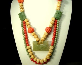 Bib of Jade Carved Beads, Dividers, Knots & Baby Lock Pendant Plus Peking Glass Salmon Melons, Carved Fine Oxbone, 925 Sterling Catch, OOAK