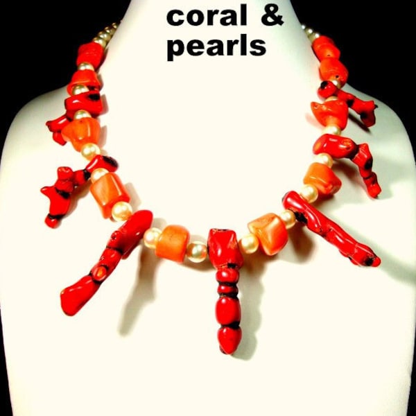 Tribal Red Coral SPIKEs, Peach Bamboo Coral Beads & Majorca Pearls Necklace,  OOAK, R Starr, Coral Branch, Metro Tribal Warrior, Shaman