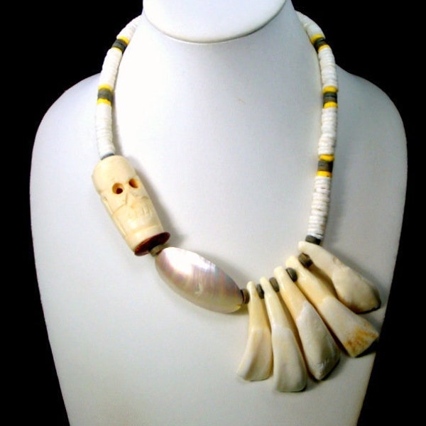 MANS Tribal Warrior Necklace, White Buffalo Teeth, Oxbone Skull, HandCut Clam Shell Heishi Beads,  Sacred Path Warrior, OOAK Rachelle Starr