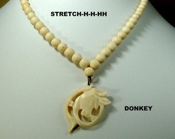 SALE, STRETCH OxBone CLaSSIC Bead Necklace with Adorable Donkey Pendant, Cream Color Traditional Graduated Beads, 1990s, NO  Catch