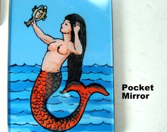 Purse Mirror or Pocket Size, MERMAID Admiring Self in Hand Mirror, 1990s Peru Tesoros, Glass with Painted Side