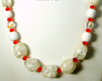 White & Red Mother's Day Gift Necklace, Understated, Graduated  50s Recycled Beads, Glass and Resin Beaded Original Design by Rachelle Starr