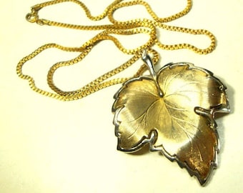 Silver on Goldtone MAPLE Tree Or Grape Leaf Pendant on Long Box Chain, OOAK My Combo, Both Vintage Pieces