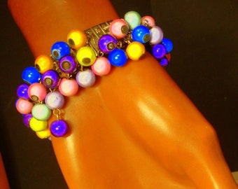 Vintage Colorful CHA-CHA Bracelet, Stretch Metal Band, Wristful of Yellow, Light Pink, Fuschia & Teal Round Bead Dangles, 1970s