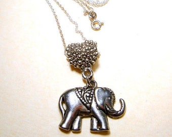 Silvertone Elephant Pendant on 925 Sterling Silver 17" Metal Chain, Cute Lucky Pachyderm, Ready to Serve, Trunk Up for Good Luck