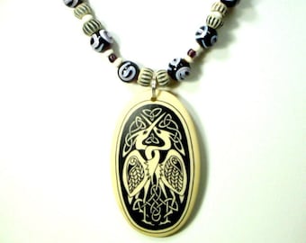 Celtic Heron Pendant Necklace, Porcelain Black, White n Tan with Ceramic & Glass Beads, OOAK by Rachelle Starr, Viking Warrior