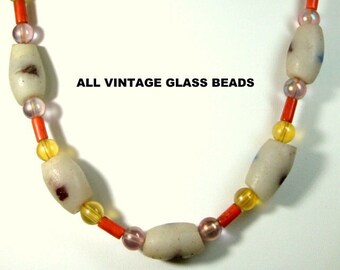 Sale...MANS African Sandcast White Trade Beads & Vtg Glass Bead Separators, Old Ghana Tribal Bead Necklace on Tie Back Linen Cord, 80s OOAK