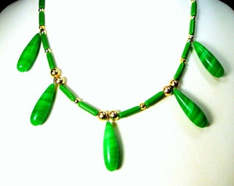 Green Teardrop Necklace,  Czech Emerald Glass Vintage Tube Beads & Striped  Briolettes, Rachelle Starr OOAK, Original Design