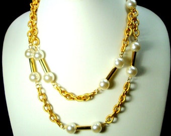 Shiny Gold Chain Necklace with White Pearl Links, 1980s