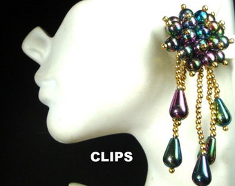 Trashy Long Fringed Clip Earrings, Blue BlacK Purple & Gold Beaded Clusters and Metallic Dangles, 1980s Aurora Borealis Statement Glam