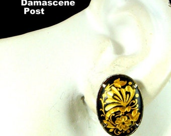 Damascene Post Earrings, Handsome Small Ovals,  Black Gold Medieval Spain Etched Metalwork, 1970s,   Gold Engraved Butterfly On Flowers