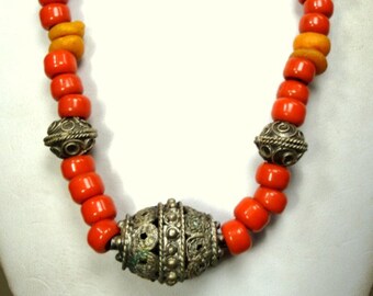 Tribal Orange & Yellow Glass Bead Necklace w Silver Bead Focal and Chain Back, Vintage 1970s, No Catch