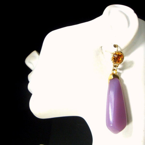 Purple Lucite Long Dangle Earrings with Chrome Yellow rhinestone Jeweled Top, French Pierced Backs,