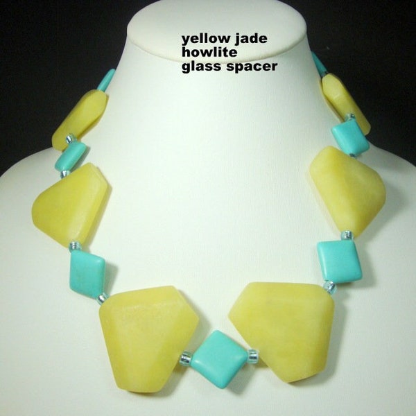 Honeycomb Yellow JADE, Turquoise Howlite & Blue Glass Bead Spacer Necklace, Stone Bead Jewelry Design Created By Rachelle Starr Blaxberg