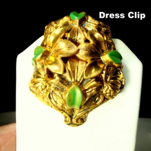 Handpainted Art Nouveau Dress Clip: Gold & Emerald Floral, 1940s
