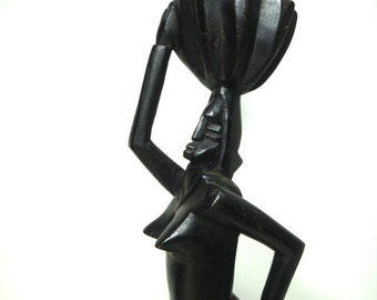 Hand Carved Wood Haitian or E African Woman Figurine with Basket On Her Head, Stained Almost Black