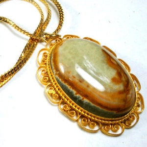 Filigree Goldtone Jasper Pendant On Chain Necklace - OOAK