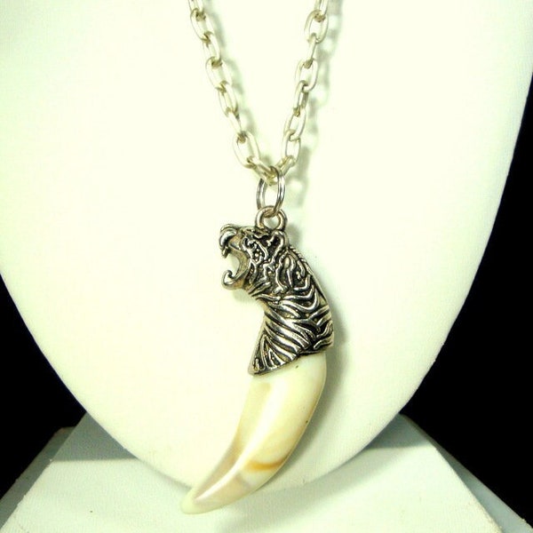 MANS Roaring Tiger TUSK Tooth Pendant on Silvertone Chain Necklace, Combo by Rachelle  Starr, Gemstone Creat Cat FANG