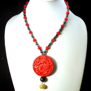 DRAGON Pendant,  Red Cinnabar on Black, Red, Gray Bead Necklace, OOAK By Rachelle Starr, Peony Flower& Long Life Amulet