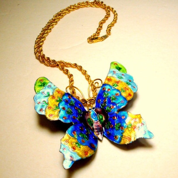 Cloisonne Butterfly Pendant on Shiny Gold Metal Cable Chain, Recycled Magnet, Cobalt, Aqua, Yellow Enameled Necklace, OOAK By Rachelle Starr