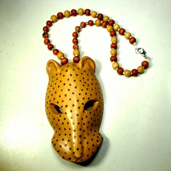 MANS Great CAT Tribal Leopard Pendant on Red Jasper Stone & Wood Bead Necklace, Chest Piece, Photos,  Primitive Art,  OOAK By Rachelle Starr