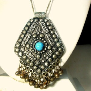 FINAL SALE, No Return, Filigree Dark Silver Metal Ball Fringed Pendant Necklace, Mid East Tribal Vintage Amulet on Thin Chain, 1980s
