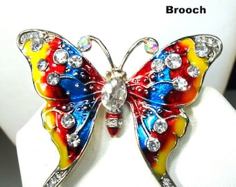 Rhinestone Swallowtail Butterfly Brooch: Colorful Enamel Wings, Pearl Dangle