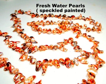 LONG Fresh Water Pearls Knotted Necklace, Perky Painted, Lustered White Baroque Natural Beads & Pearl Spikes