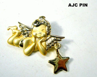 A.J.C. Cherub Angel Putti Pin, GOLD Shiny & Matte Metal Brooch, Signed  American Jewelry Chain Co. 1980s