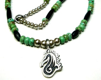 SALE, Cowgirl Horse Pendant, S.W. Turquoise & Black Glass Beads w Silver Metal,  OOAK Necklace by Rachelle Starr, Looks Like Horn and Stone