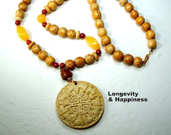 LONG Life Necklace, Yellow Jade, Red Stone & Desert Jasper Beads, Longevity Happiness Bat Fu Pendant Mandala , Rachelle Starr, OOAK