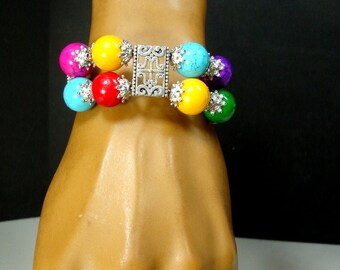 Tibetan Silver & Multicolor Gumball JADE Bead Bracelet, Lobster Catch Closure w Extender Chain,  Wrist Candy