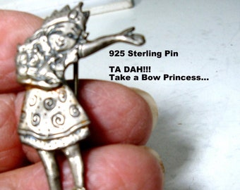 Sterling Silver Actress Pin, 925 Marked Signed, Bouquet in Her Arms & Waving,  Princess in a Crown Brooch, ACTRESS GIFT