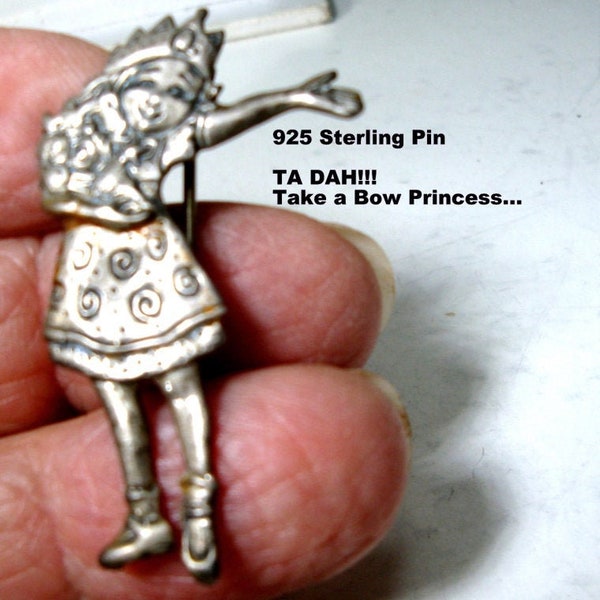 Sterling Silver Actress Pin, 925 Marked Signed, Bouquet in Her Arms & Waving,  Princess in a Crown Brooch, ACTRESS GIFT