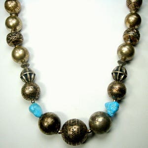 Vintage Tribal Silver Bead Necklace w Turquoise Stone Nugget Beads, Oxidized, Aged, Looks Like Old Sterling, but Is  Not