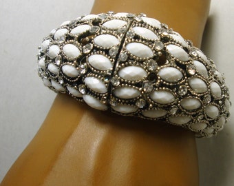 White Bridal Clamper Cuff,  White Marquis Stones, Clear Rhinestones and Silver, Fat and Encrusted Bracelet, 1990s