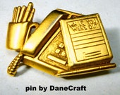 DANECRAFT Secretary Office Worker Pin, Matte Gold Telephone, Pencils While You Were Out Pad Brooch, Signed