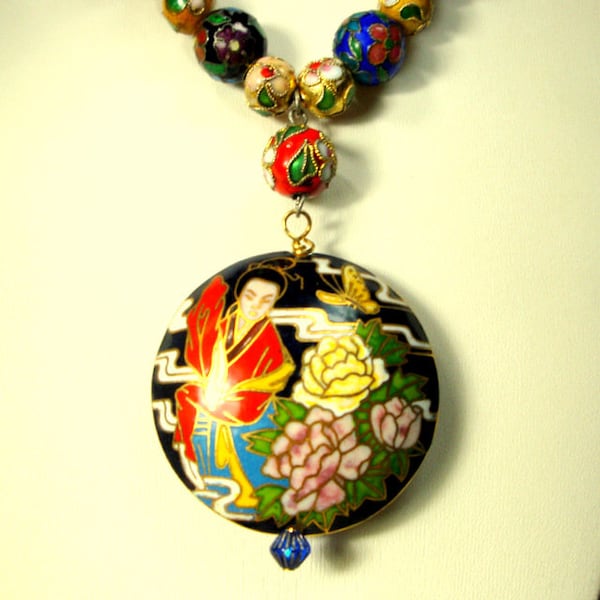 Chinese Cloisonne Woman on Lotus Flowers Pendant with Assorted Fancy Cloisonne floral Bead Necklace,  Asian Enamel Jewelry by R Starr