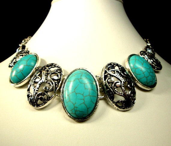 Turquoise & Silver Color Linked  Bib on Chain Nec… - image 1