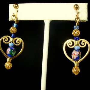 Blue Cloisonne Dangle Earrings: Goldtone Metal Clips, Elegant Design