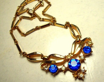 Petite Blue Rhinestone 1950s Bib with Bar Chain Choker Necklace, Traditional Mid Century Vintage Glass On Goldtone Links