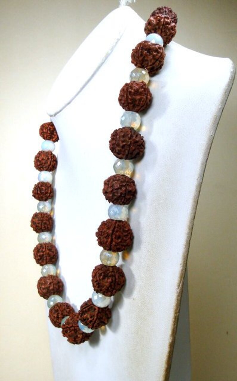 5 Mukhi Rudraksha Sacred Bead Necklace Seeds /& Faceted Opalescent Milk Glass Beads OOAK by Rachelle Starr For The Spiritual Warrior