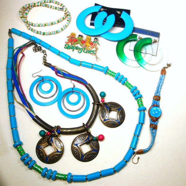 Sale Lot of Jewelry, 3 Necklaces, 3 Pr Pierced Earrings, 1 Bracelet, 1 Pin, Turquoise Colors, Retro Destash, Vintage, Wearable, No Returns